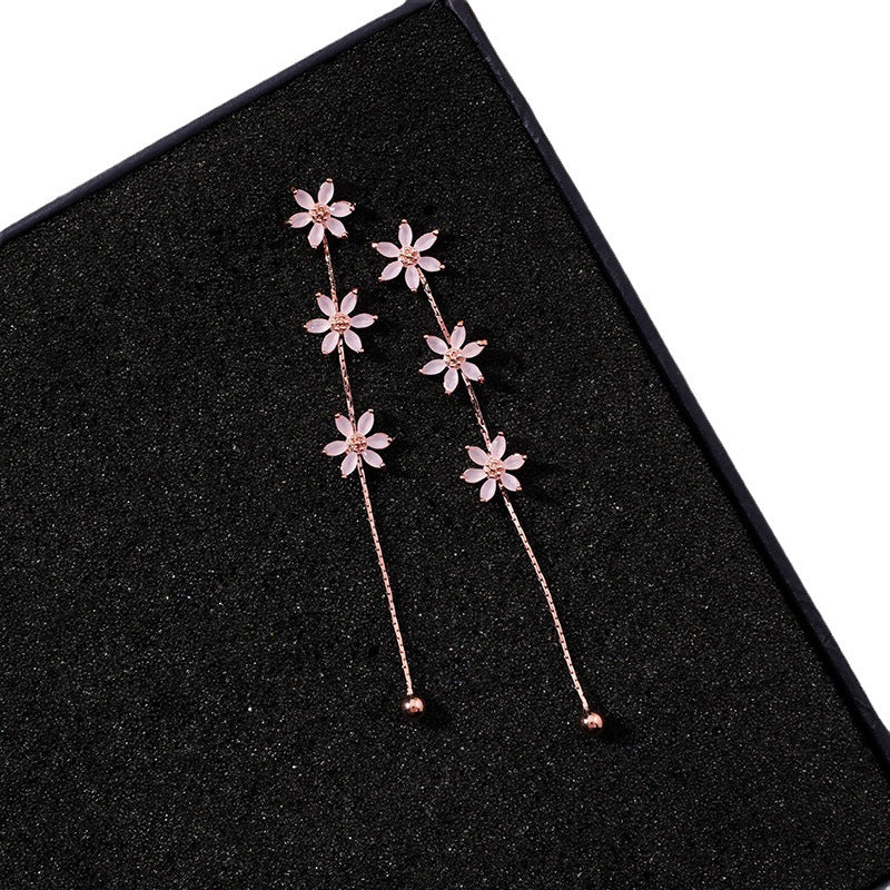 Women's Cherry Blossom Petals Long Fringe Frosted Earrings