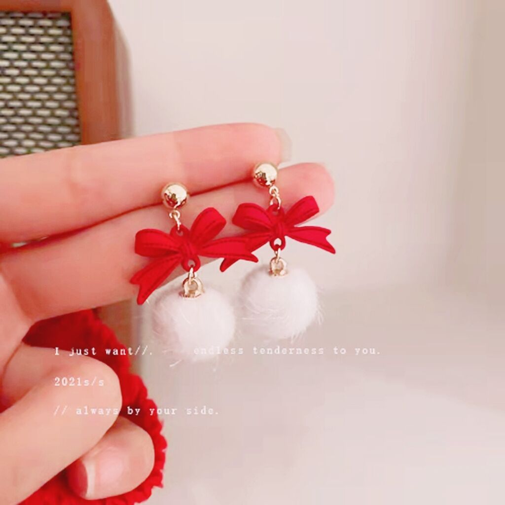 Sier Bow Fluffy Ball Elegant High-grade Earrings