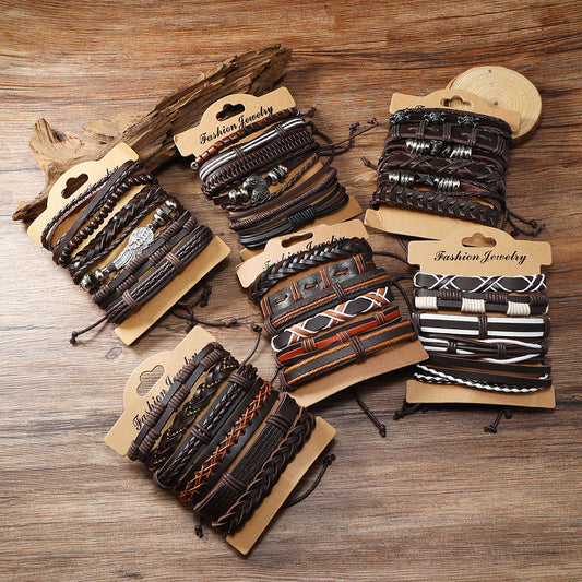 Sets Retro Leather Trendy Artistic Wind Woven Wooden Bead Bracelets