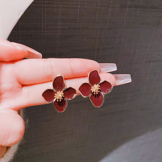 Style Retro Drip Glazed Red Flower Three-dimensional Earrings