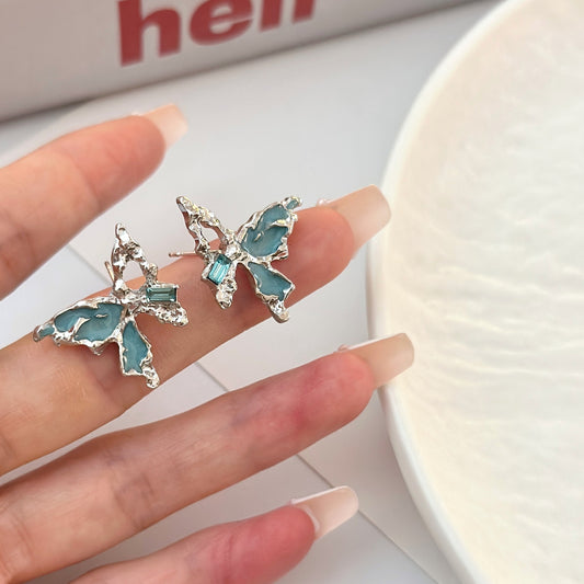 Needle Sweet Cool Style Hollow Blue Butterfly Irregular Design Earrings