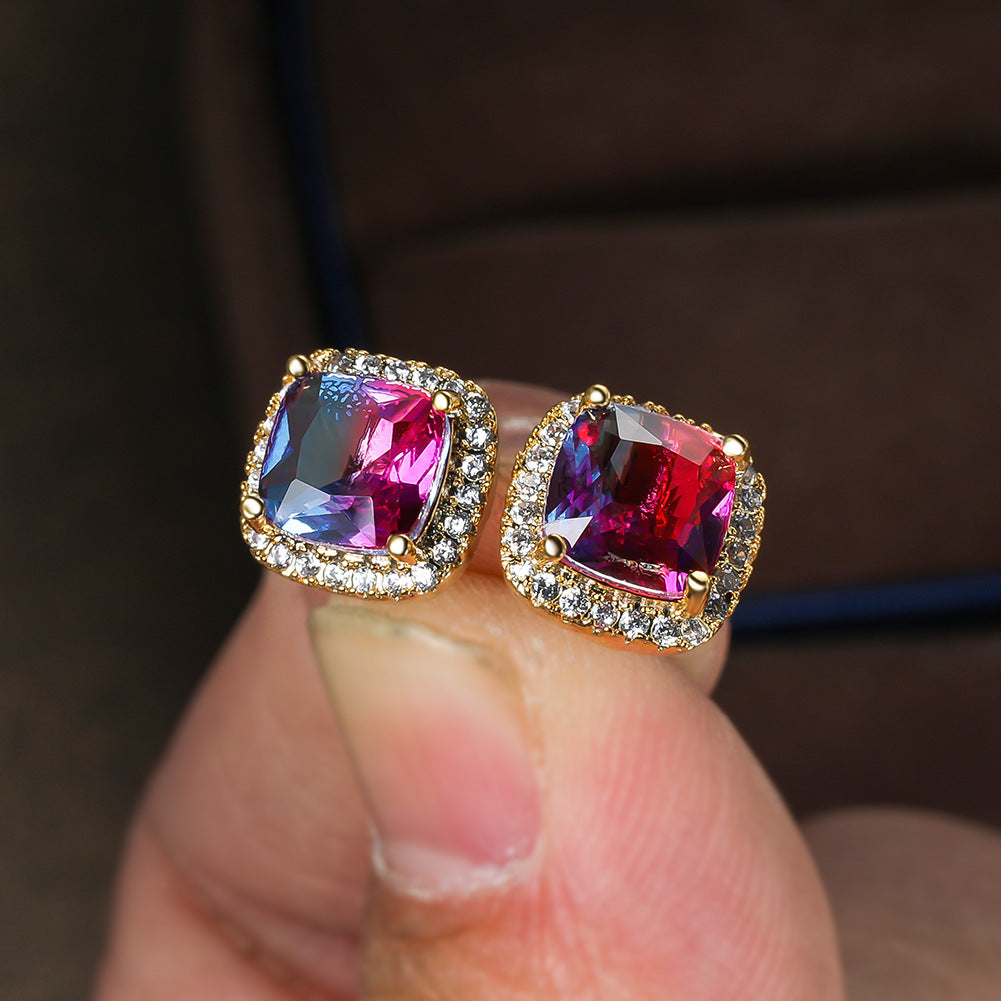 Square Full Diamond Gradient Tourmaline Ear Rings