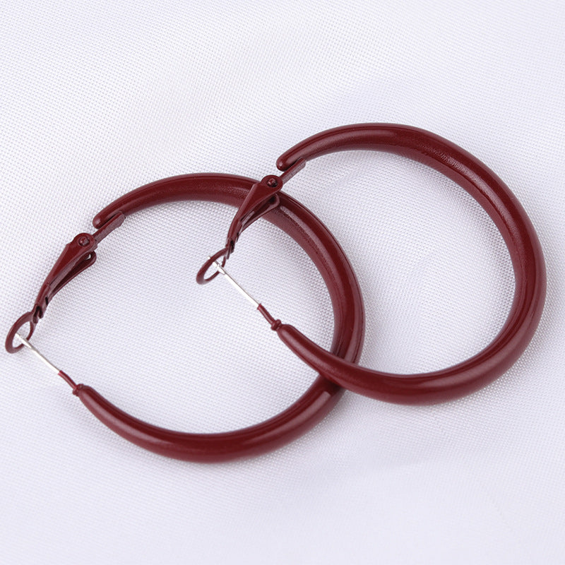 Women's Wine Red Big Hoop Vintage Metal Earrings