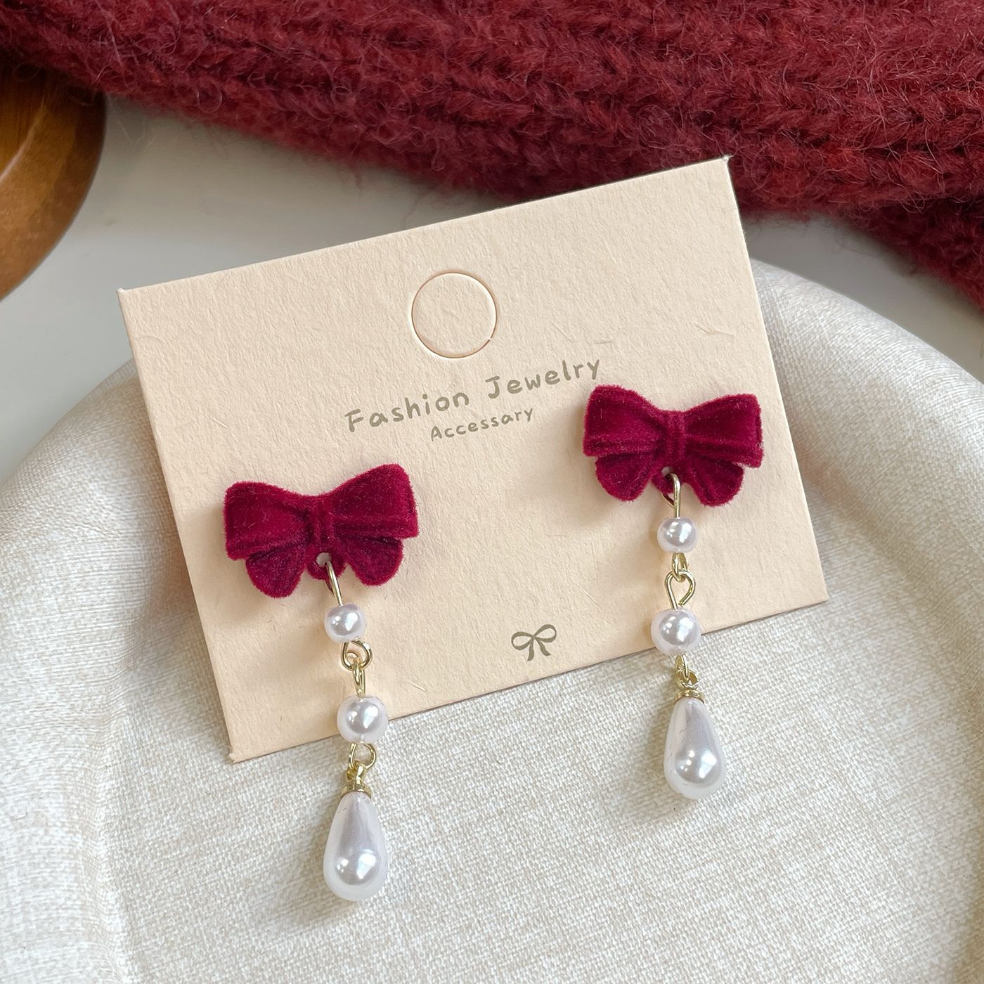 Red Flocking Bow Female Sier Needle Sweet Exquisite Earrings