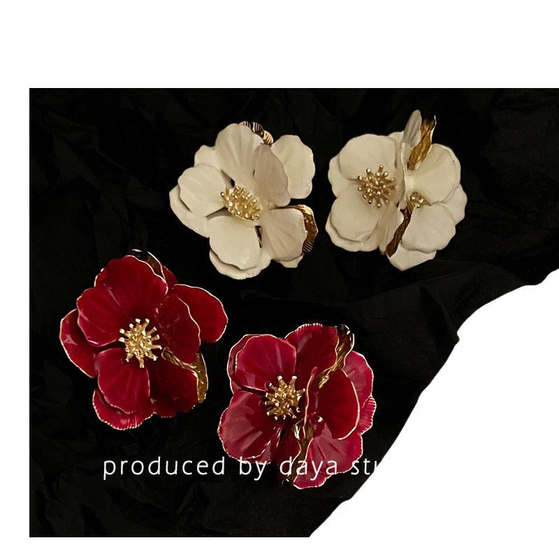 Camellia French Retro Three-dimensional Drip Glazed Flower Earrings