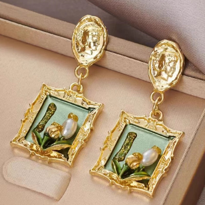 Green Oil Painting Ancient Style Flower Palace Baroque Earrings