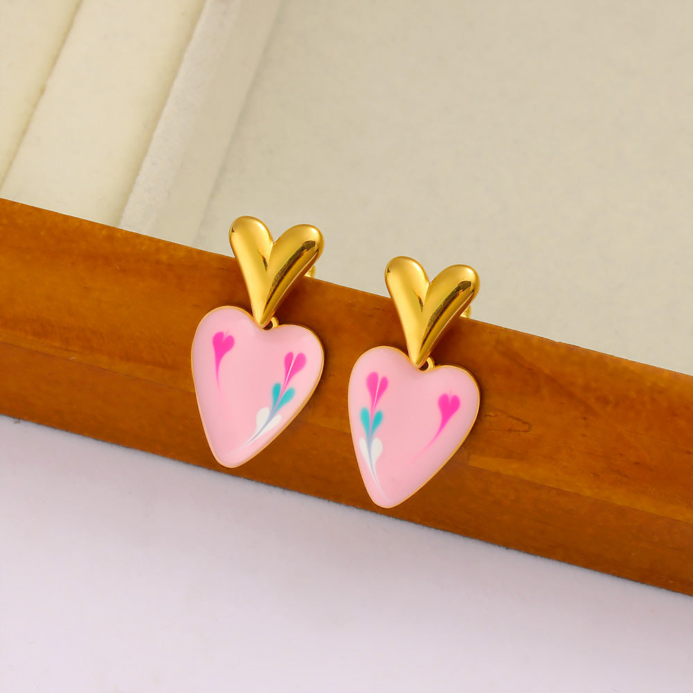 Colored Loving Heart Drop Oil Fashionable Stainless Steel Heart-shaped Earrings