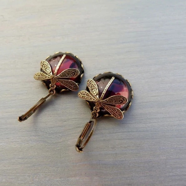 Women's Ornament Vintage Dragonfly Pattern Distressed Moonstone Earrings