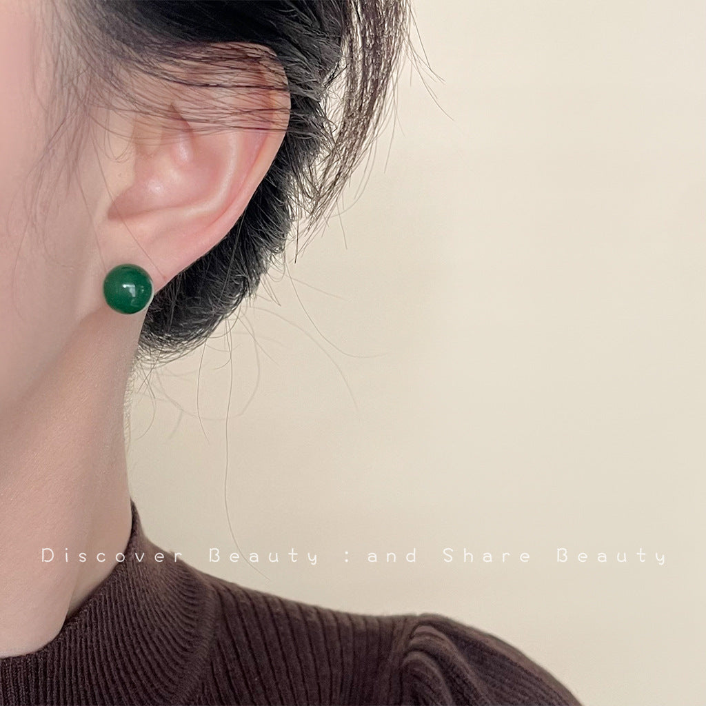 Women's Style Green Agate Simple High-grade Retro Earrings